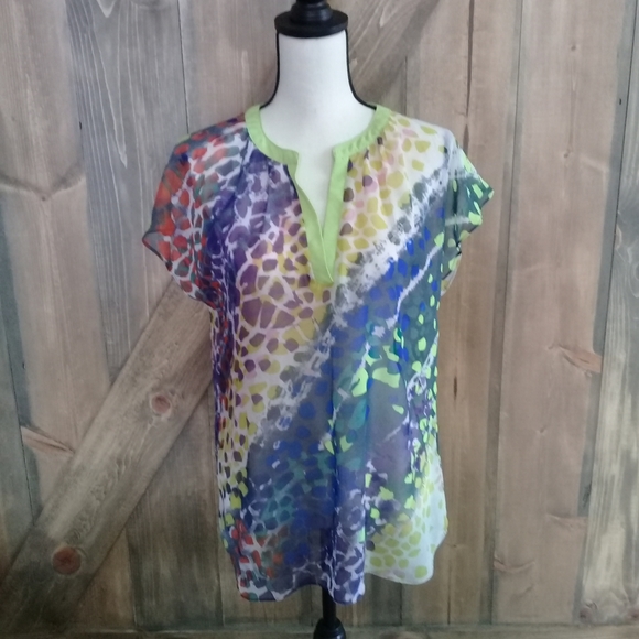 W118 by Walter Baker Sheer V-neck Multi Colored Animal Print Cap Sleeve Sz Med - Picture 1 of 9